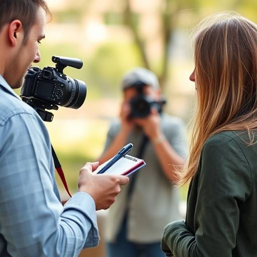 En journalist intervjuer en person med notatblokk.